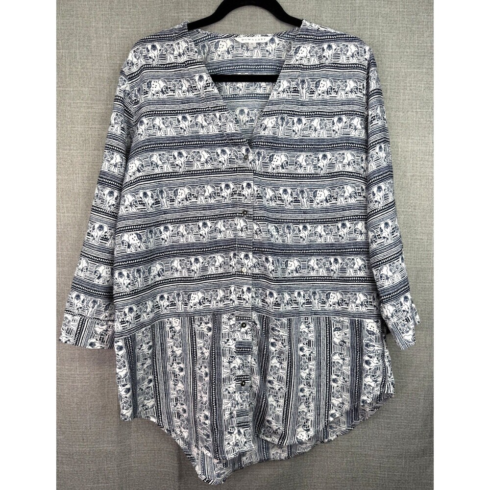 Downeast Elephant Print Women's Button Down Blouse Tunic Size L Blue White